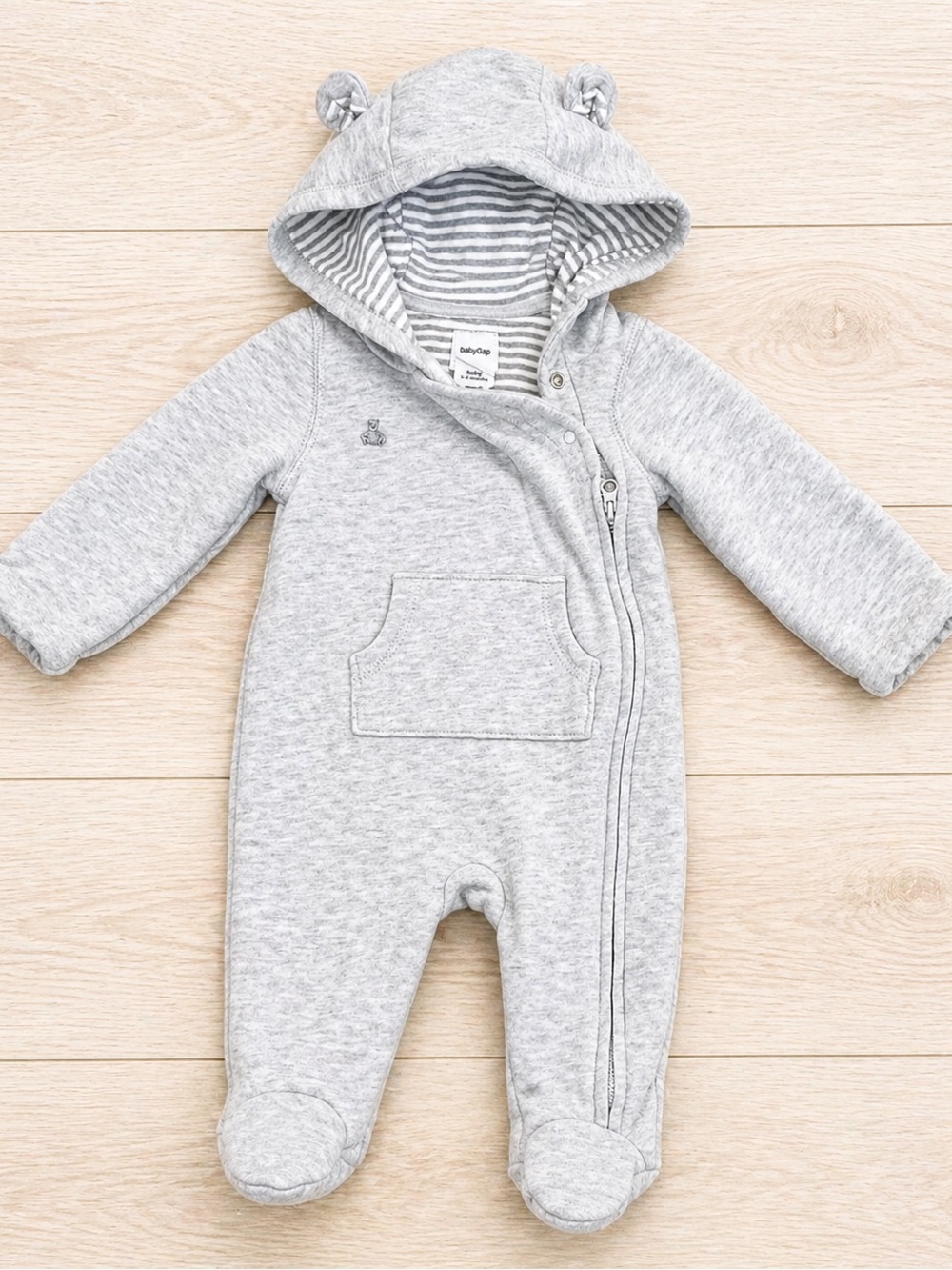 Baby Gap 3-6 Months Gray Hooded Footed One Piece Sleeper Bear Ears